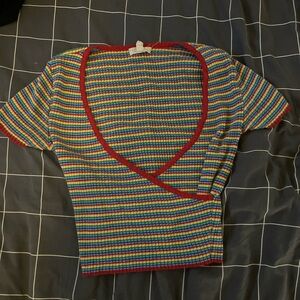 Urban Outfitters Green Cream Ribbed Wrap Blouse